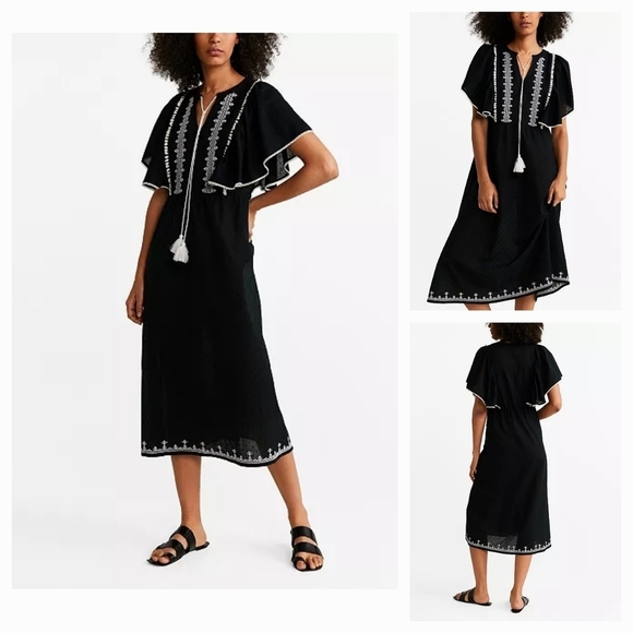 MNG Mango Swiss Dot Peasant Midi Dress Flutter Sleeve Black Embroidered‎ - Picture 1 of 3